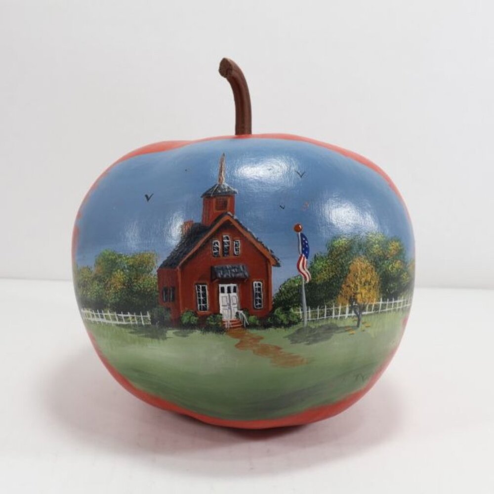 Hand Painted Pumpkin Apple Schoolhouse Scene Farmhouse Core Country Decor